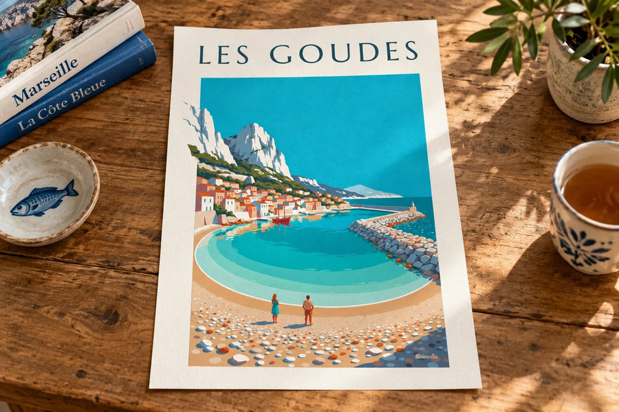 Affiche port des Goudes à Marseille, crique et digue : posée sur une table