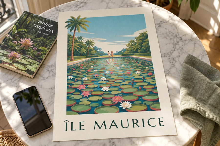 Plakát Mauricius, obří lekníny (název ÎLE MAURICE) : położený na stole