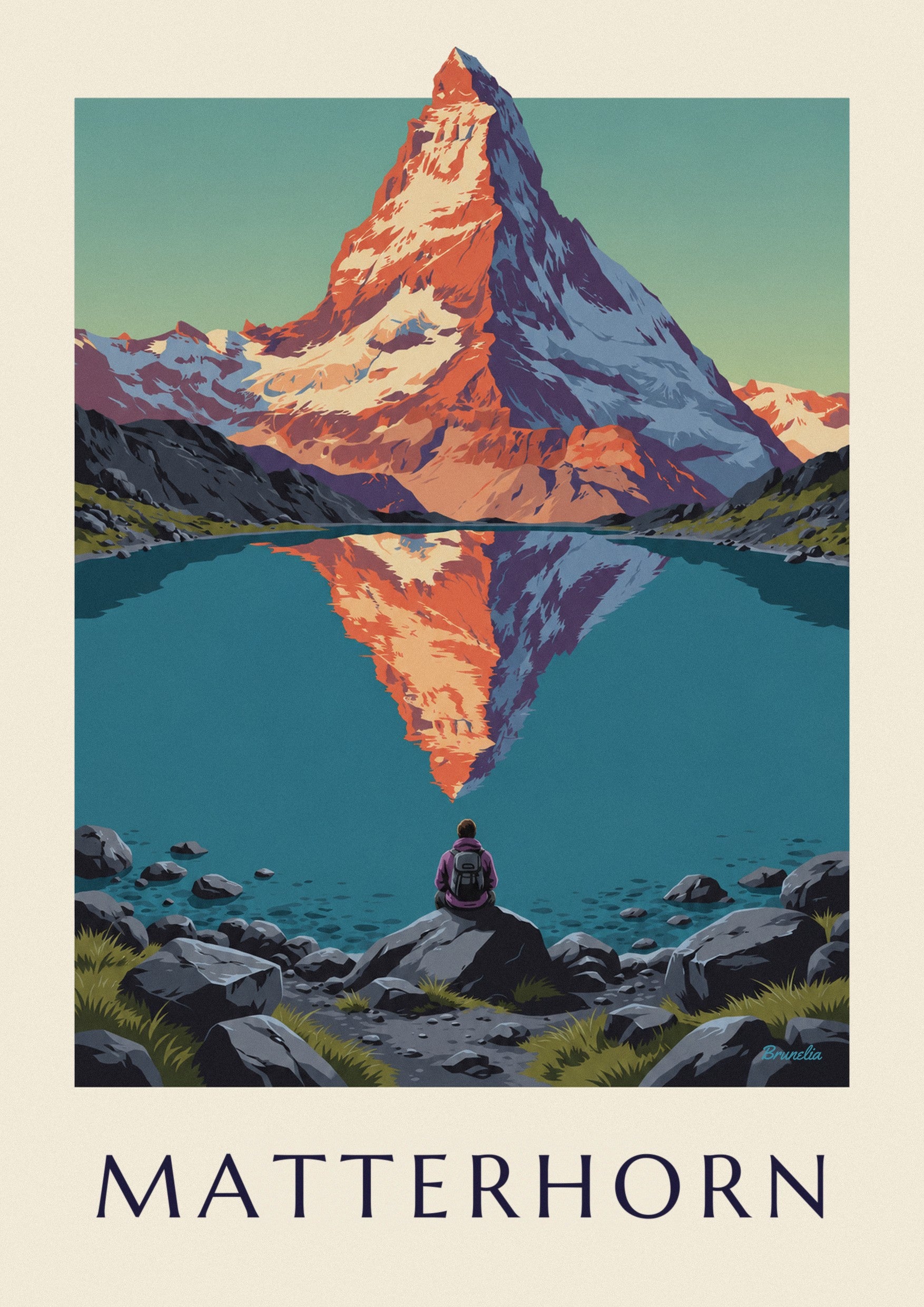Plakát Matterhorn při západu slunce odrážející se v alpském jezeře: detailní záběr