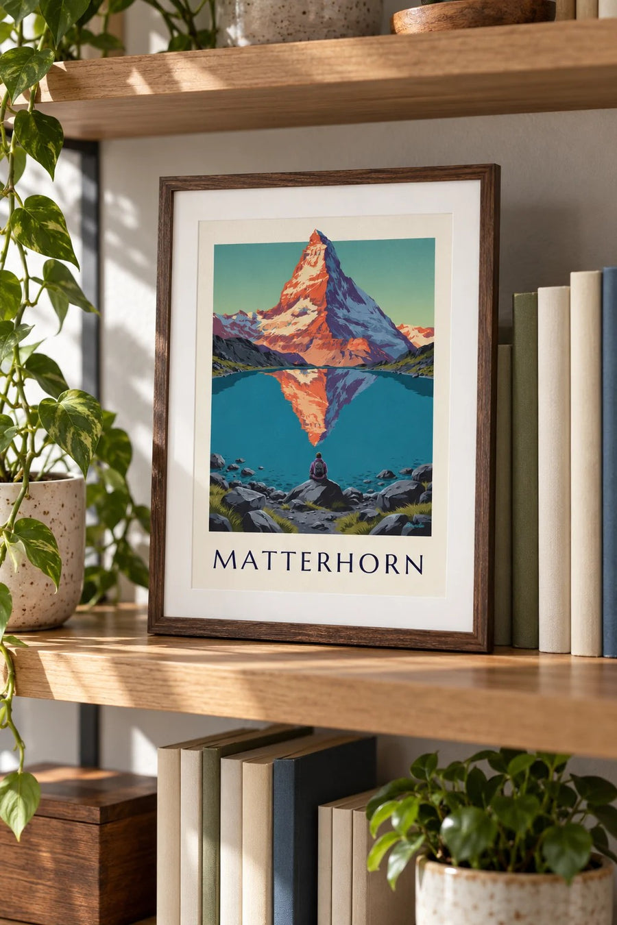 Plakát Matterhorn při západu slunce odrážející se v alpském jezeře: malý formát A4 v rámu