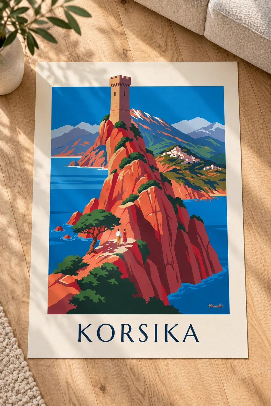 Plakát divoké pobřeží Korsiky, červené útesy a Monte Cinto: položený na stole