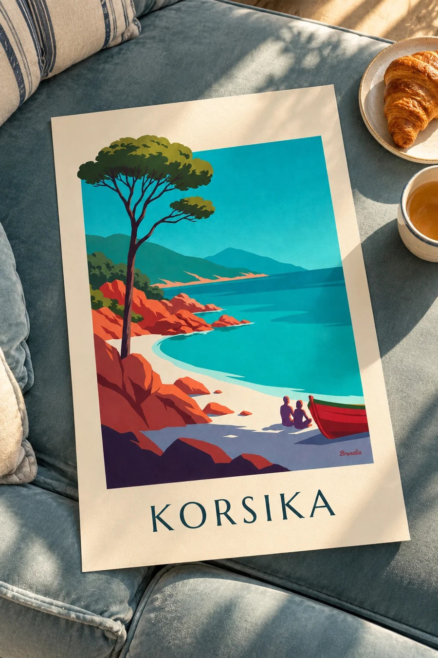 Plakát záliv na Korsice, rudé žulové skály a pinie: na stole