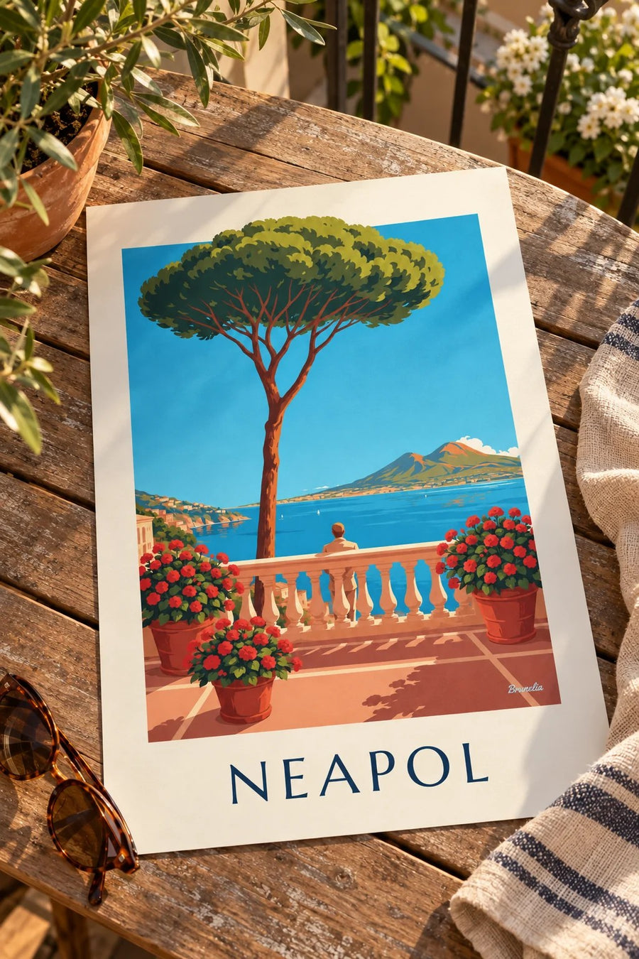 Plakát Neapol, záliv a Vesuv z terasy: položený na stole