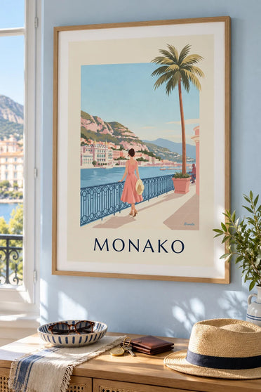 Plakát elegantní žena před přístavem Monte-Carlo v Monaku: zarámovaný na zdi