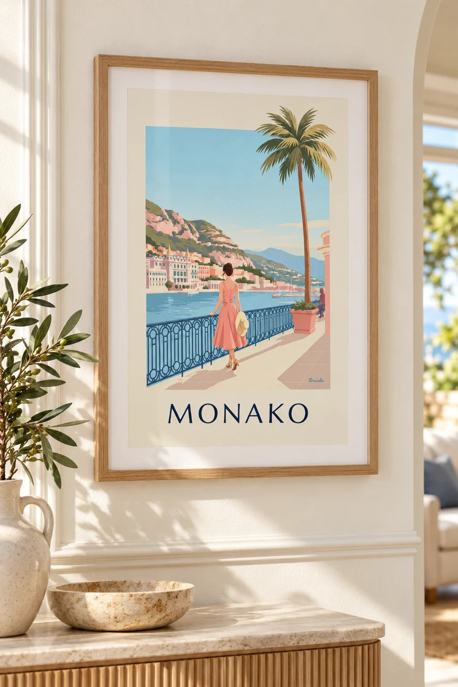 Plakát elegantní žena před přístavem Monte-Carlo v Monaku: malý formát A4 v rámu