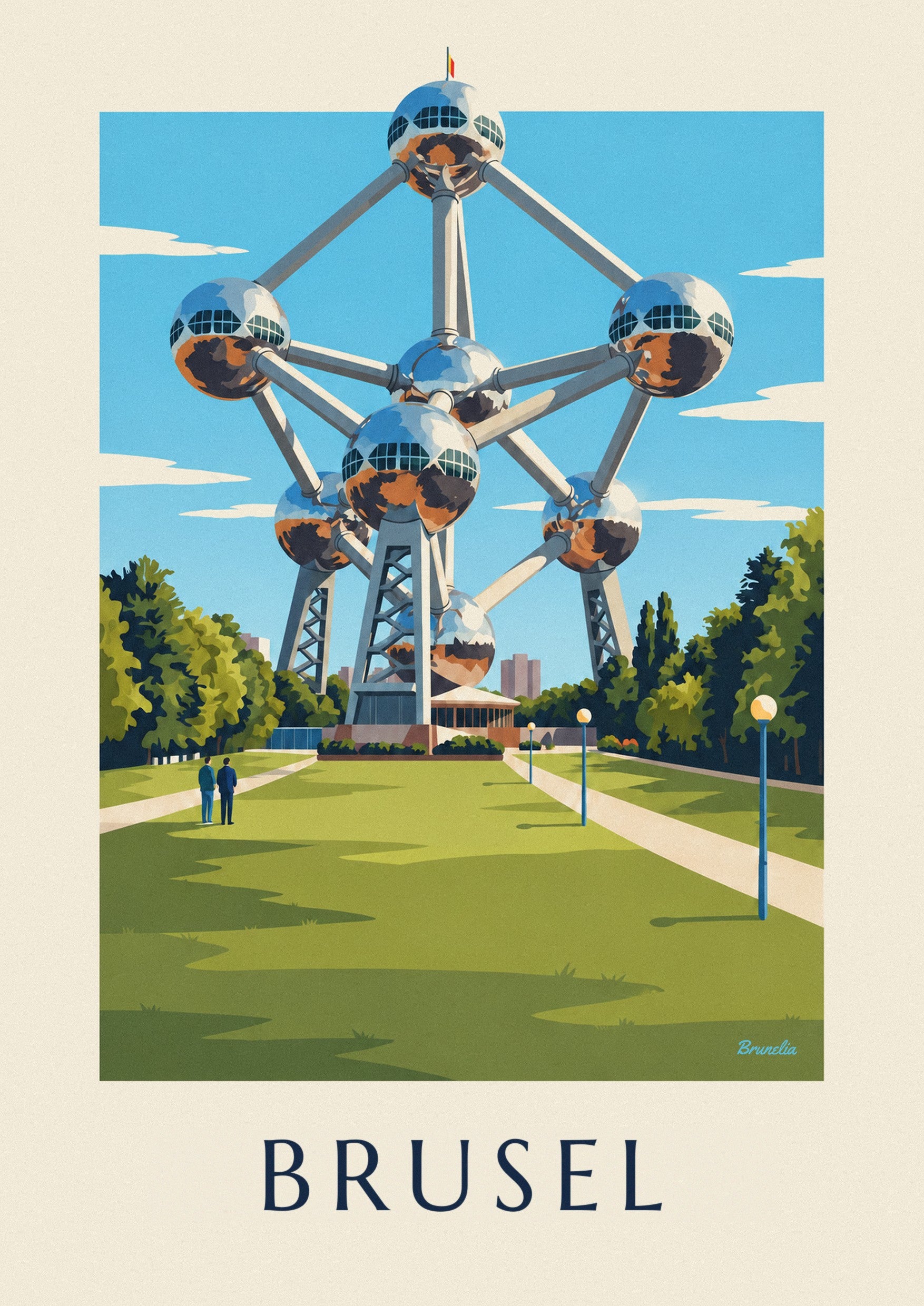 Plakát Atomium v Bruselu a trávníky parku: detailní záběr