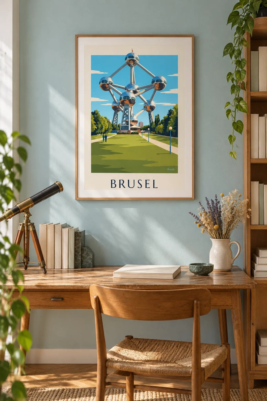 Plakát Atomium v Bruselu a trávníky parku: zarámovaný na zdi