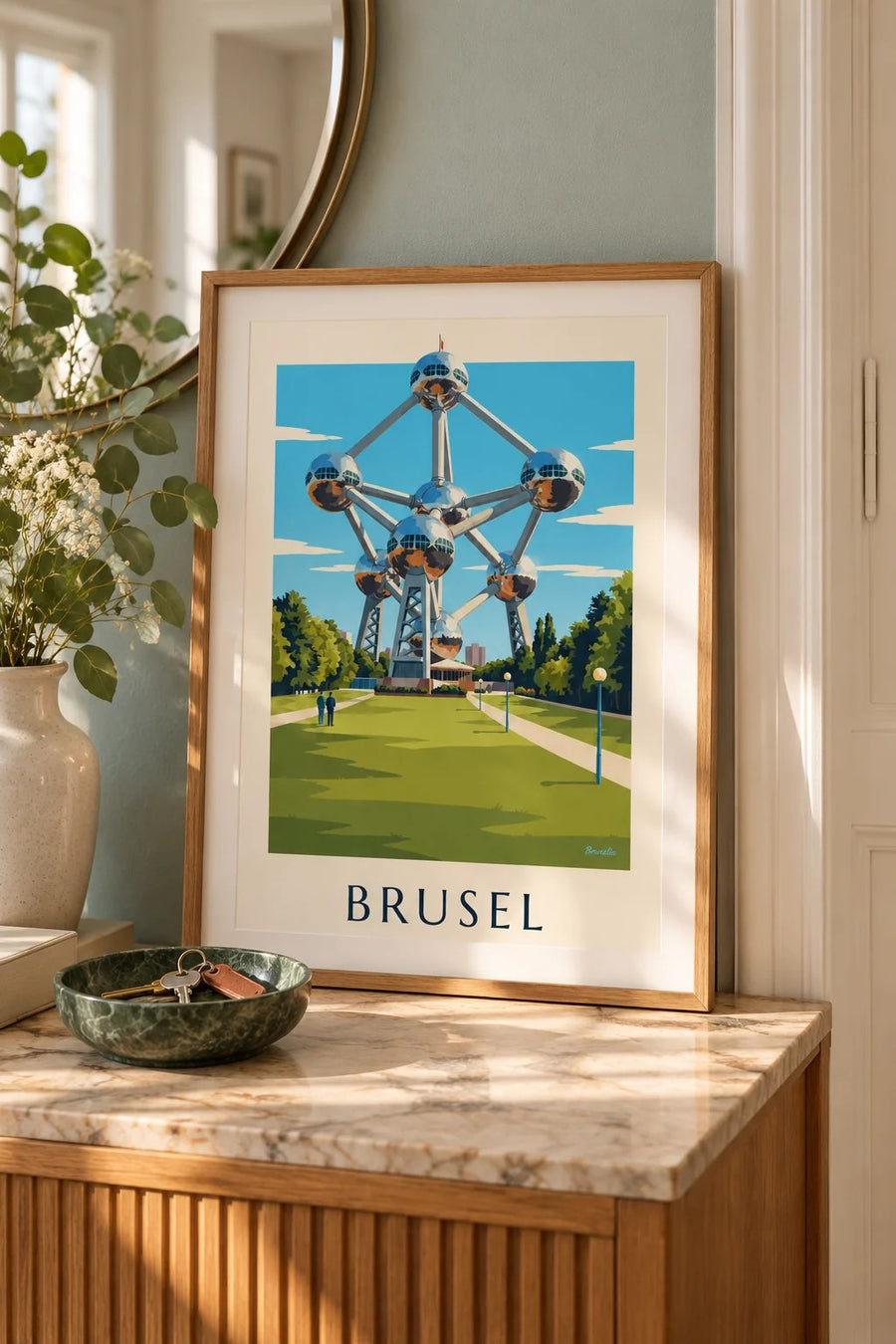 Plakát Atomium v Bruselu a trávníky parku: malý formát A4 v rámu