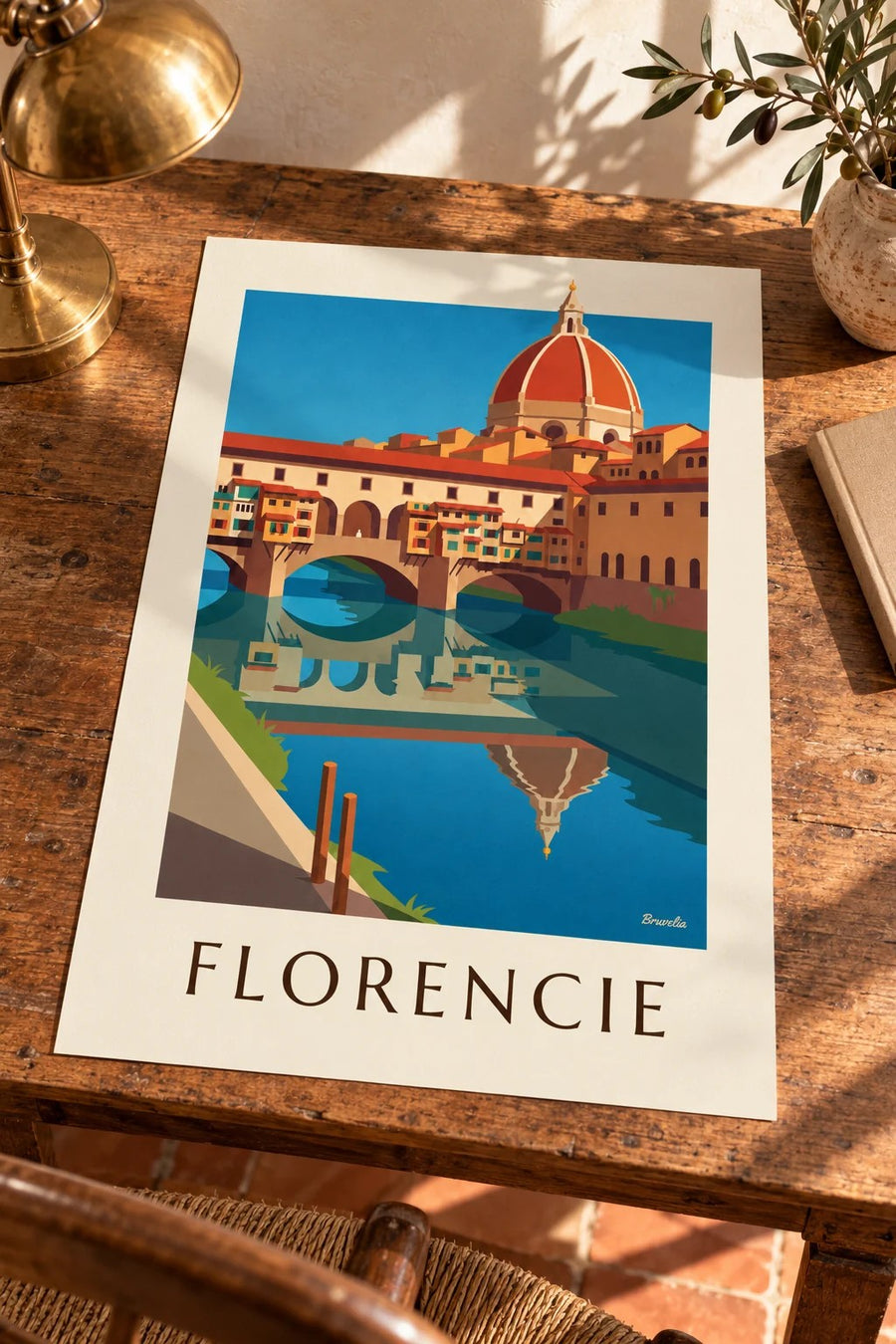 Plakát Ponte Vecchio a řeka Arno ve Florencii: postavený na stole