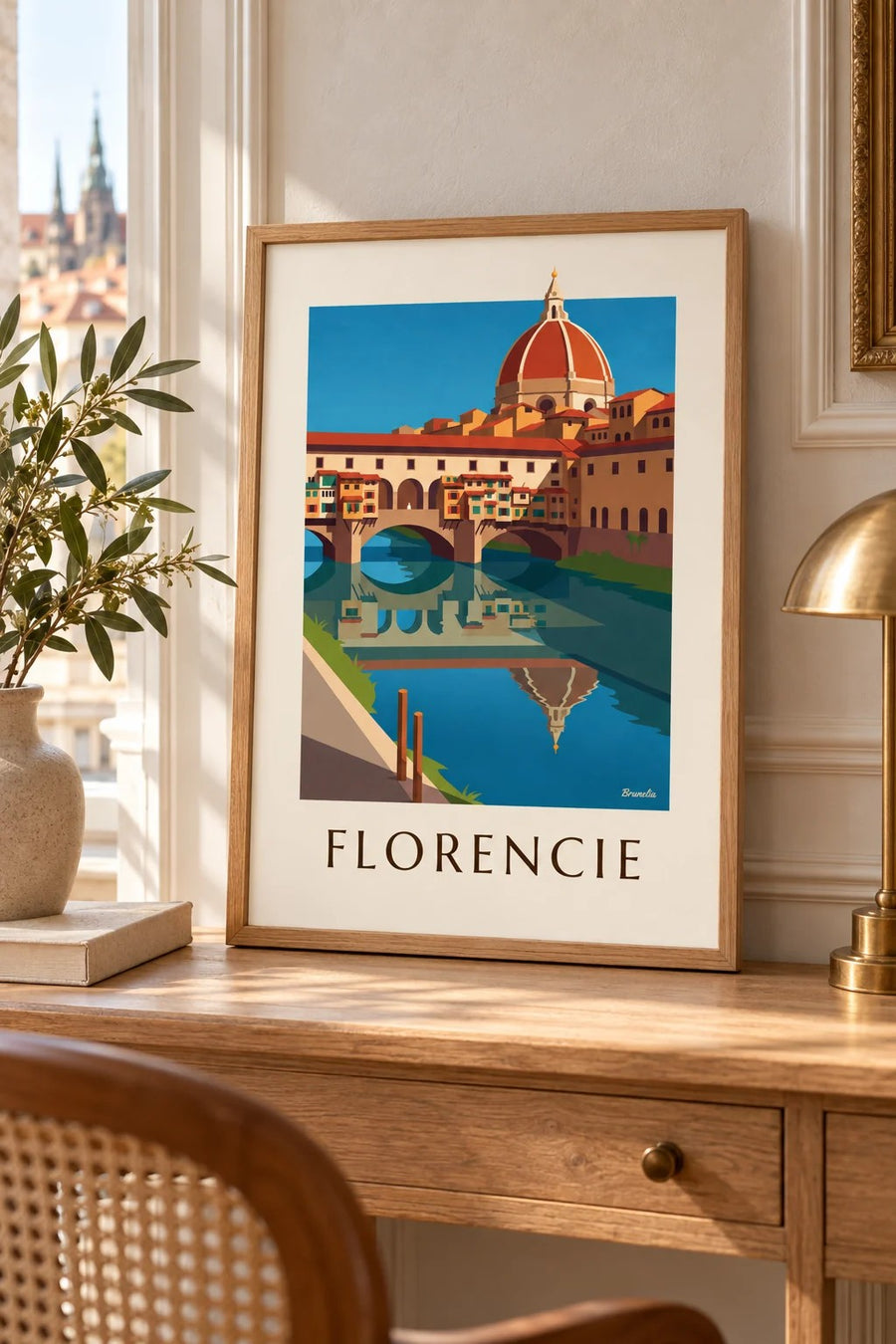 Plakát Ponte Vecchio a řeka Arno ve Florencii: malý formát A4 v rámu