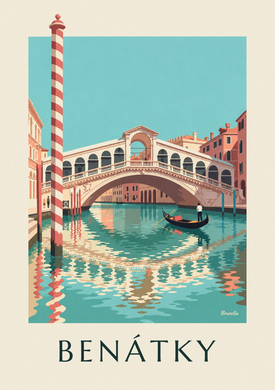 Plakát most Rialto a gondola na Canal Grande v Benátkách