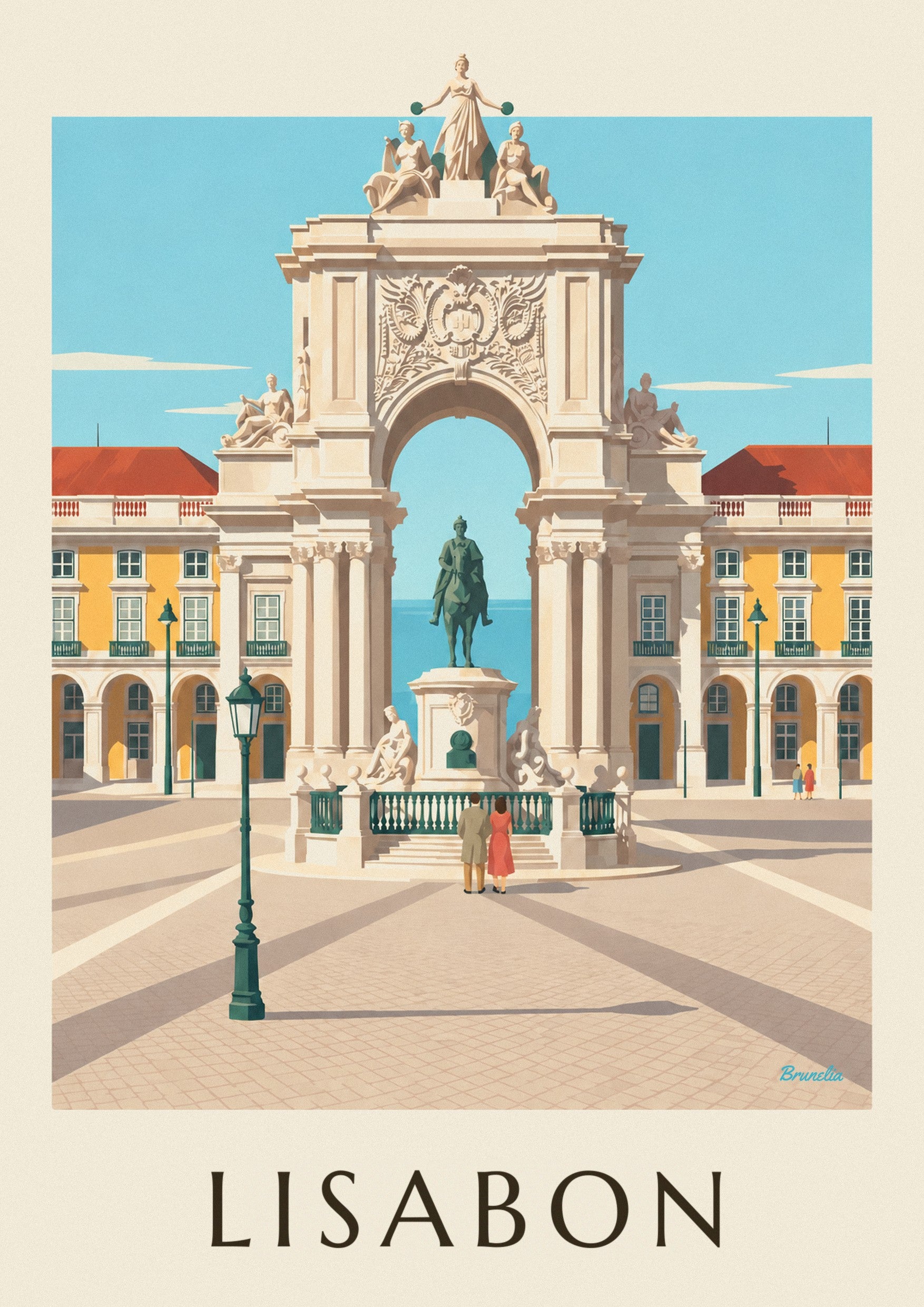 Plakát Praça do Comércio a oblouk Rua Augusta v Lisabonu: detailní záběr