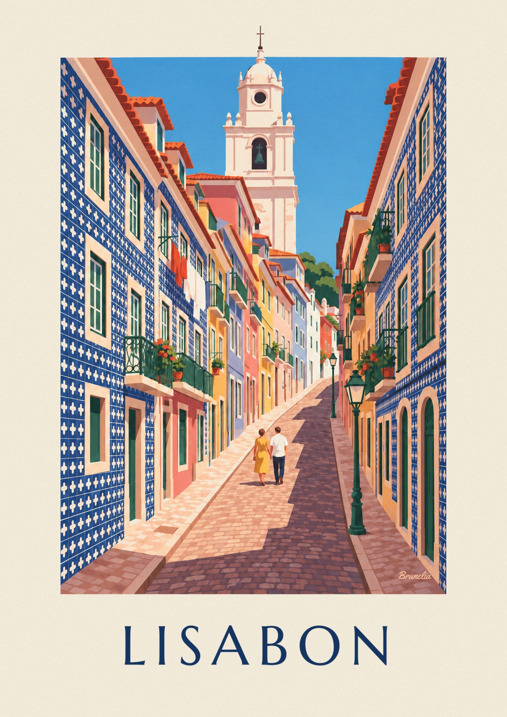 Plakát úzká ulička v Lisabonu s fasádami z azulejos: detailní záběr