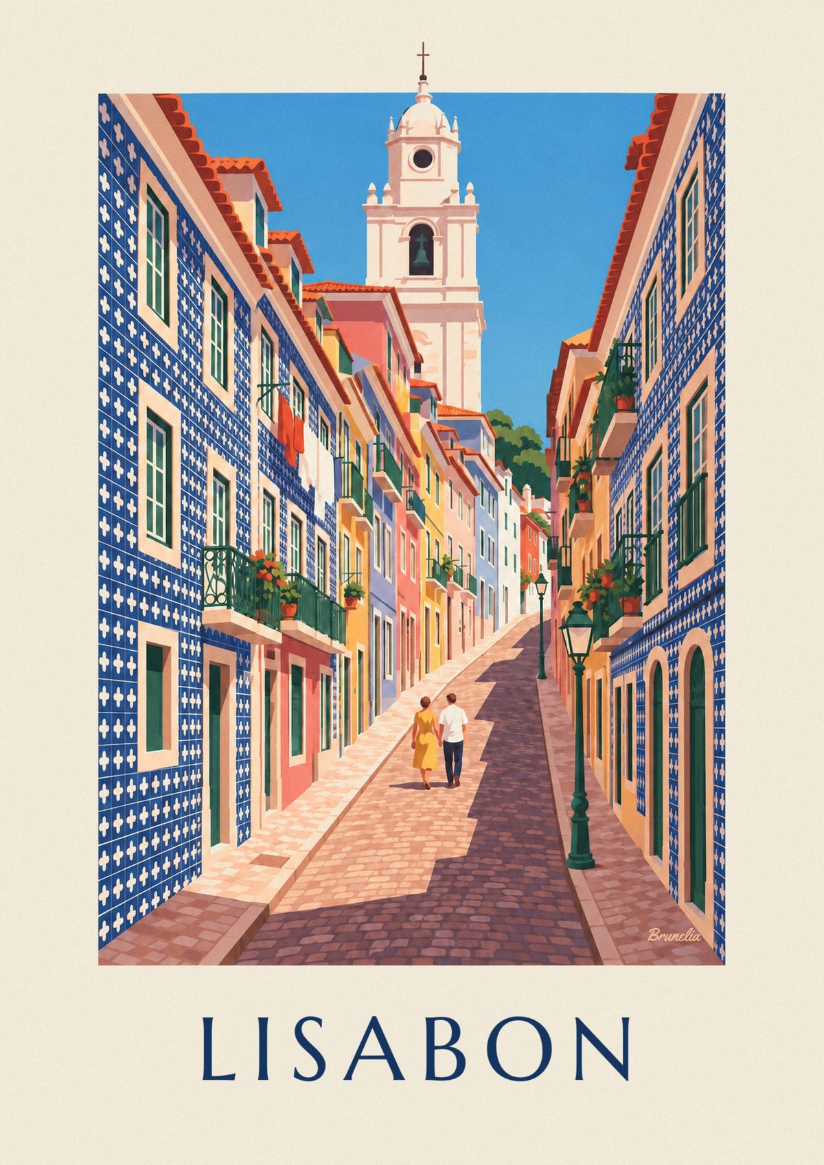 Plakát úzká ulička v Lisabonu s fasádami z azulejos