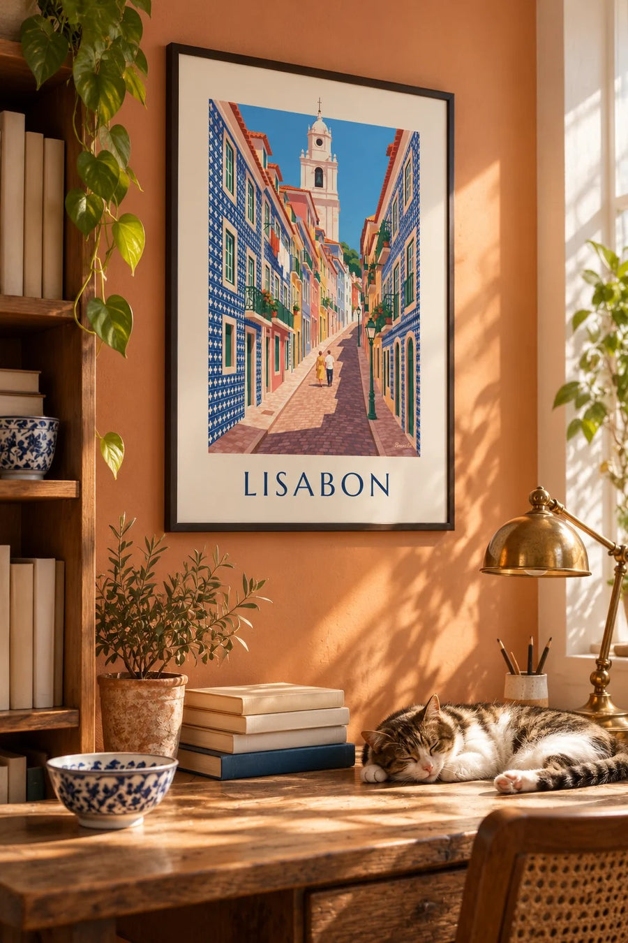 Plakát úzká ulička v Lisabonu s fasádami z azulejos: zarámovaný na zdi