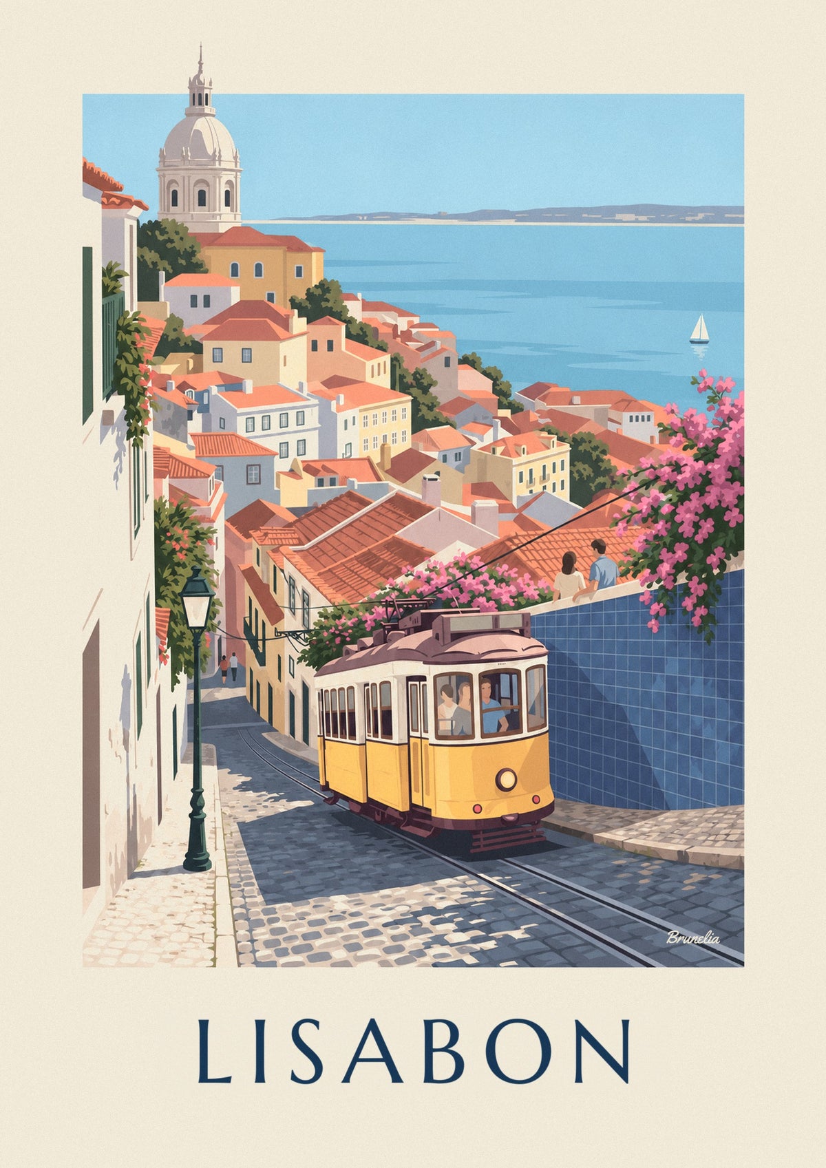 Plakát žlutá tramvaj v dlážděné ulici v Lisabonu s výhledem na Tejo