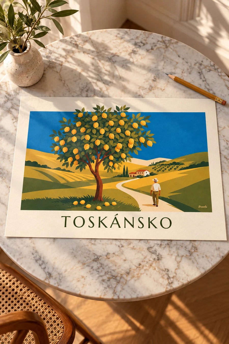 Plakát citroník v toskánské zahradě ve slunečním svitu: postavený na stole