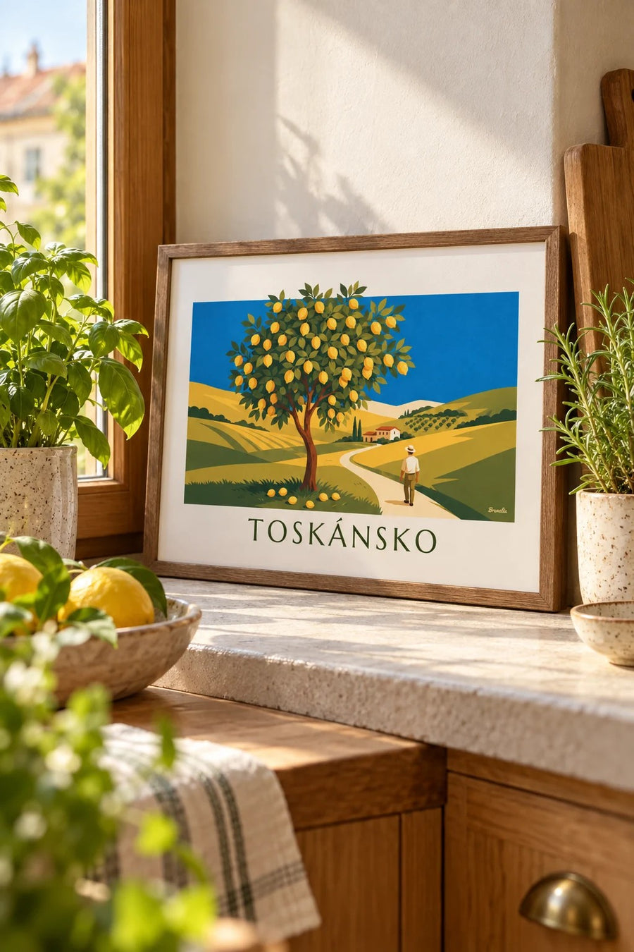 Plakát citroník v toskánské zahradě ve slunečním svitu: malý formát A4 v rámu