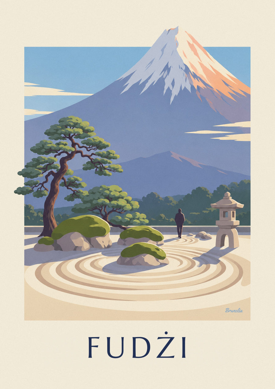 Plakát japonská zen zahrada s výhledem na horu Fudži