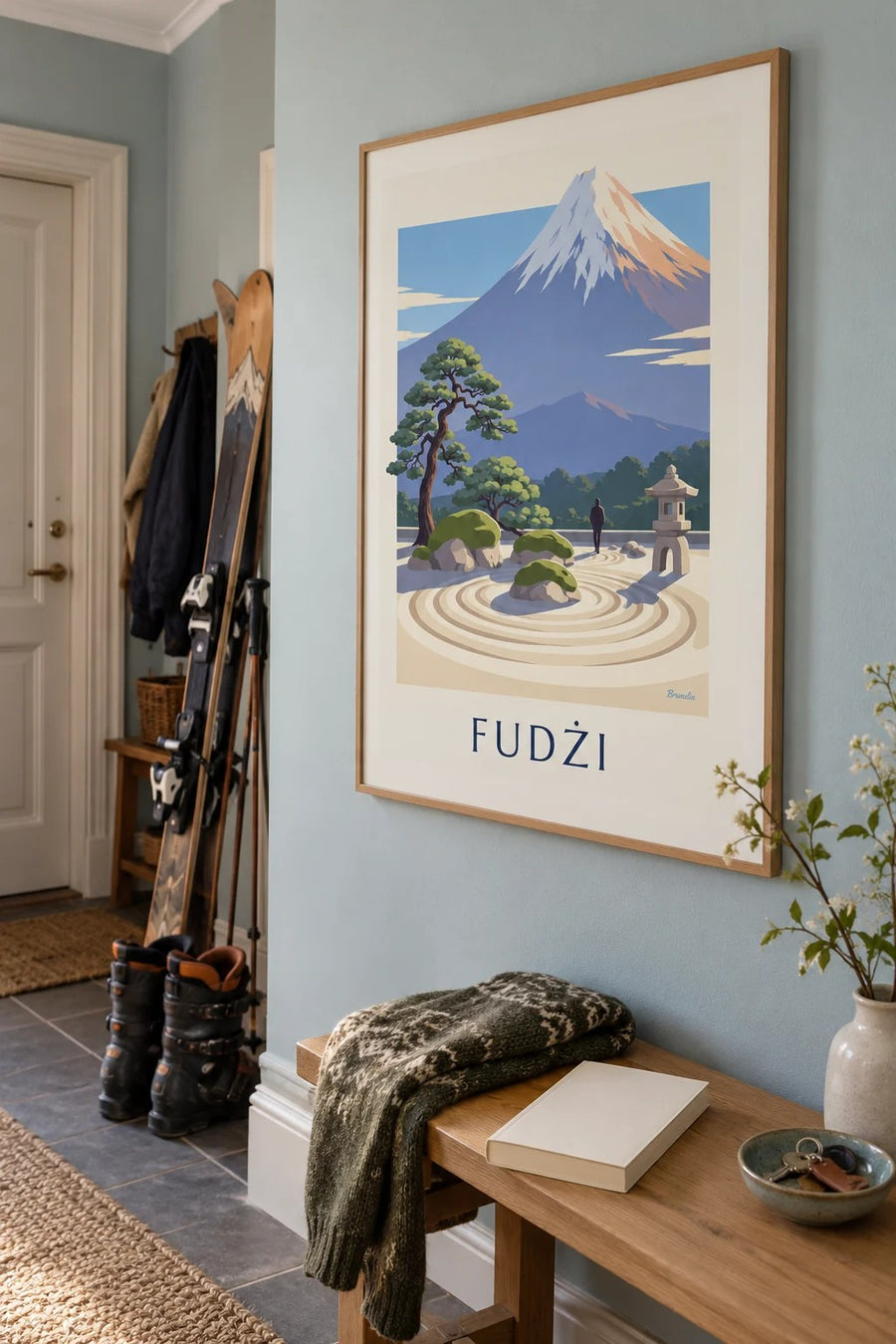 Plakát japonská zen zahrada s výhledem na horu Fudži: zarámovaný na zdi