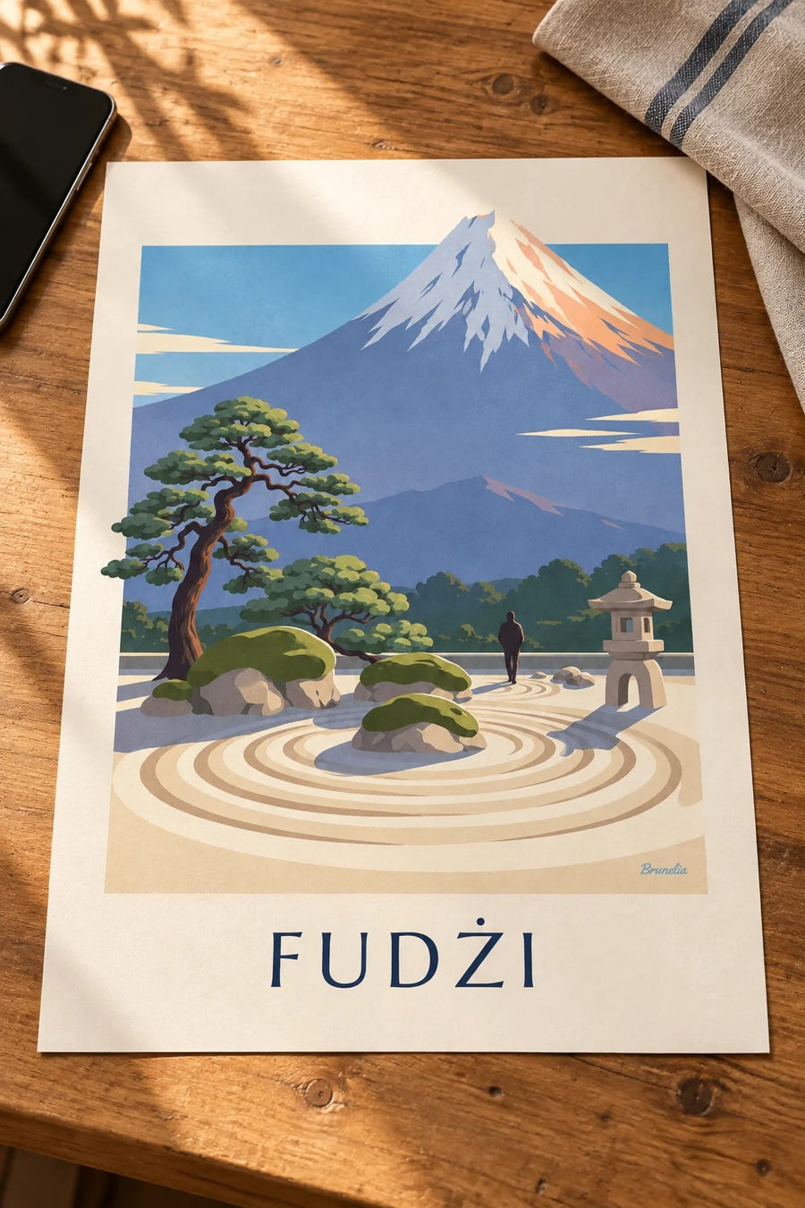 Plakát japonská zen zahrada s výhledem na horu Fudži: položený na stole