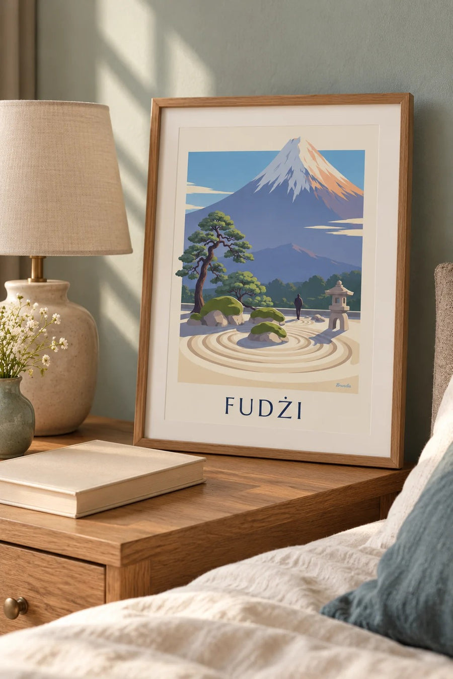 Plakát japonská zen zahrada s výhledem na horu Fudži: malý formát A4 v rámu