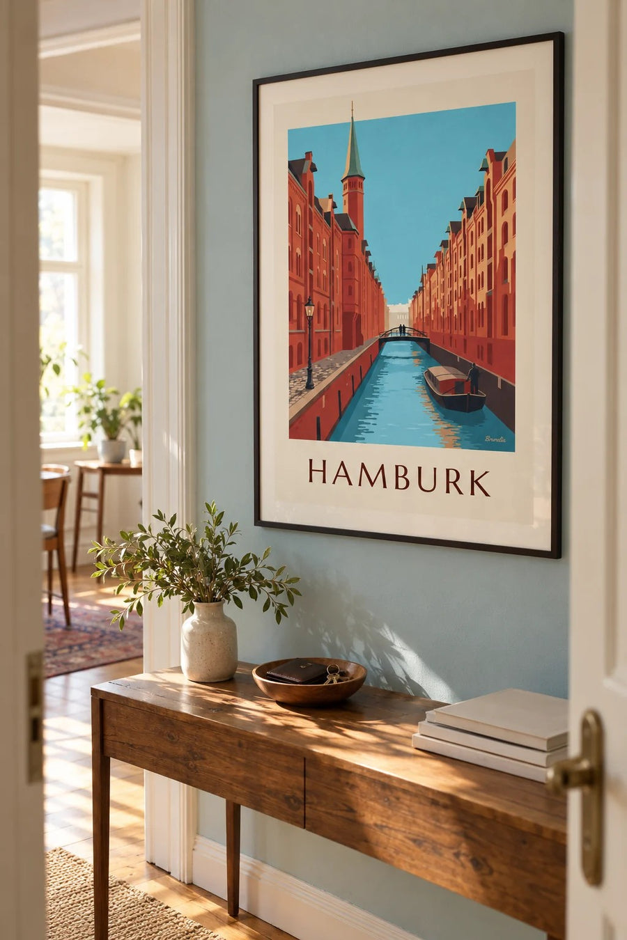 Plakát sklady Speicherstadt v Hamburku: v rámu na zdi