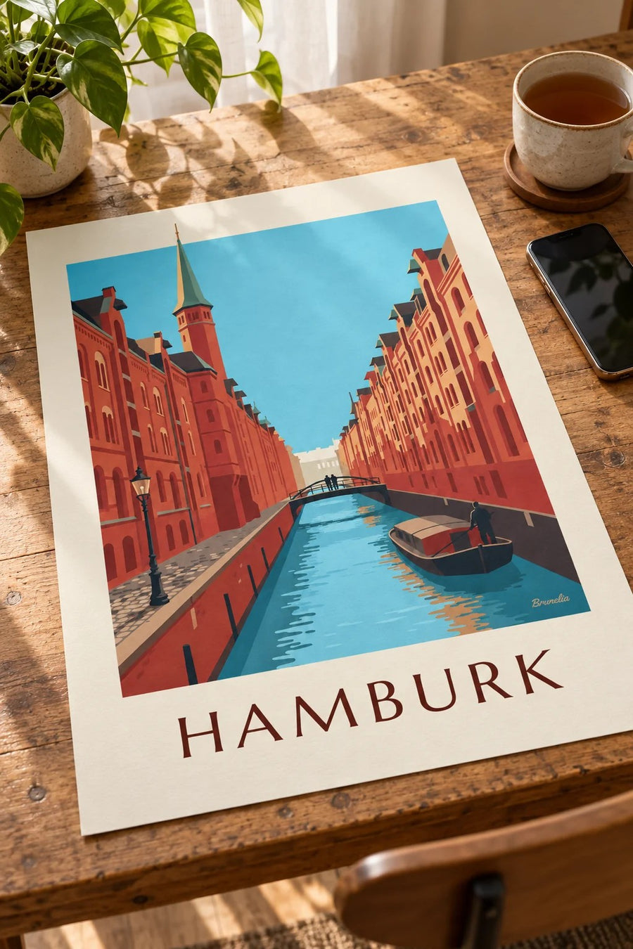 Plakát sklady Speicherstadt v Hamburku: plakát položený na stole