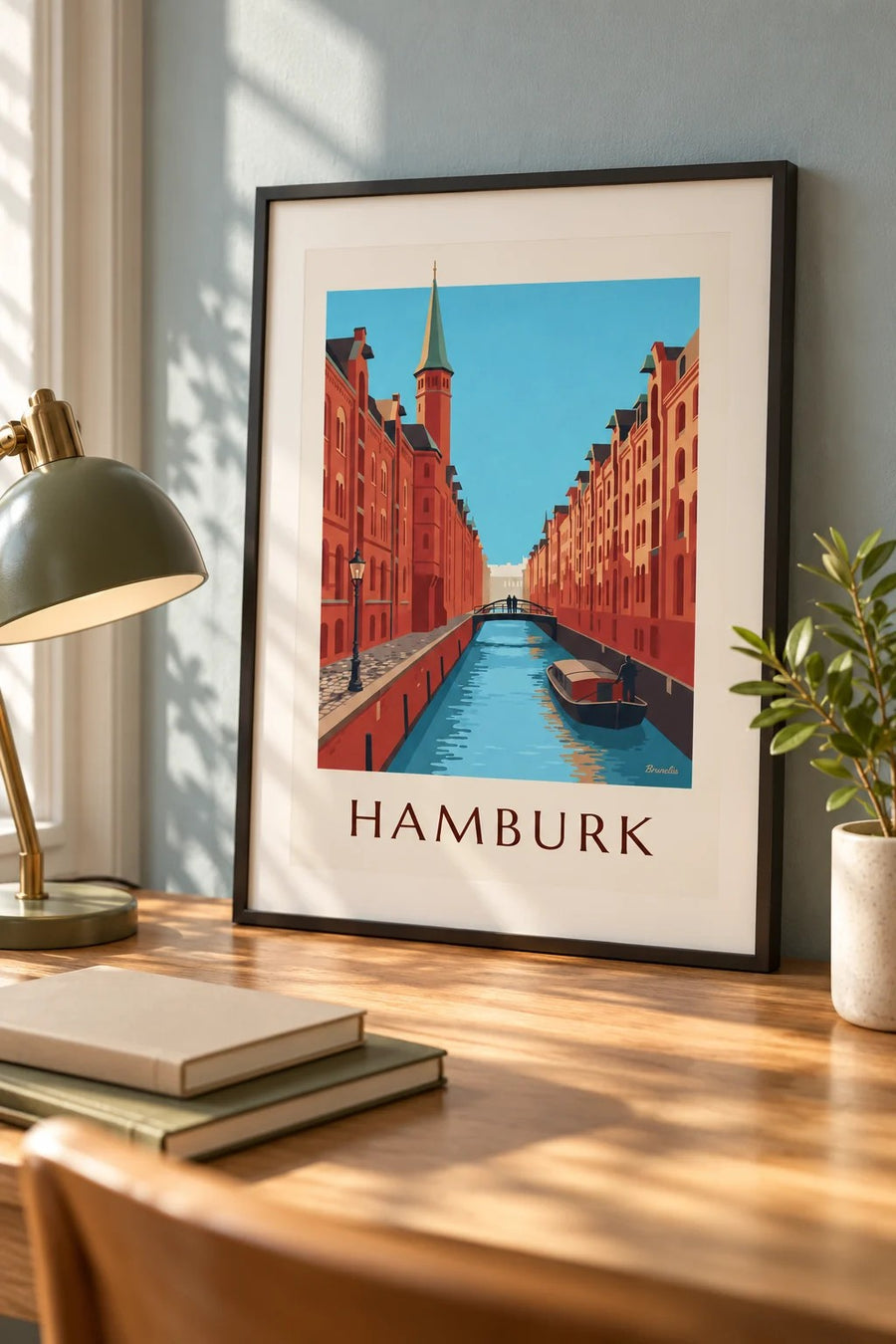 Plakát sklady Speicherstadt v Hamburku: malý formát A4 v rámu