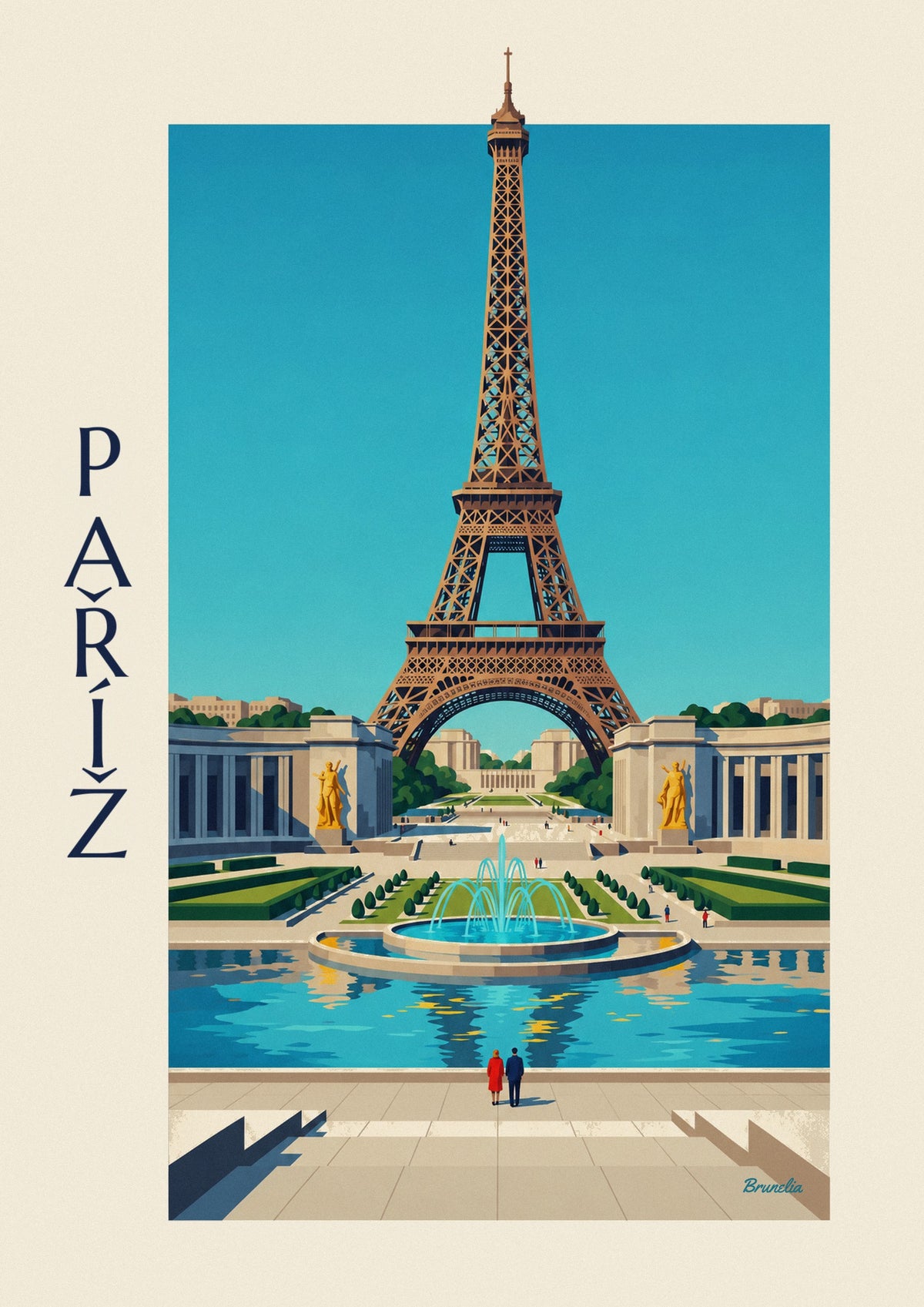 Plakát palác Chaillot a fontány na Trocadéru v Paříži