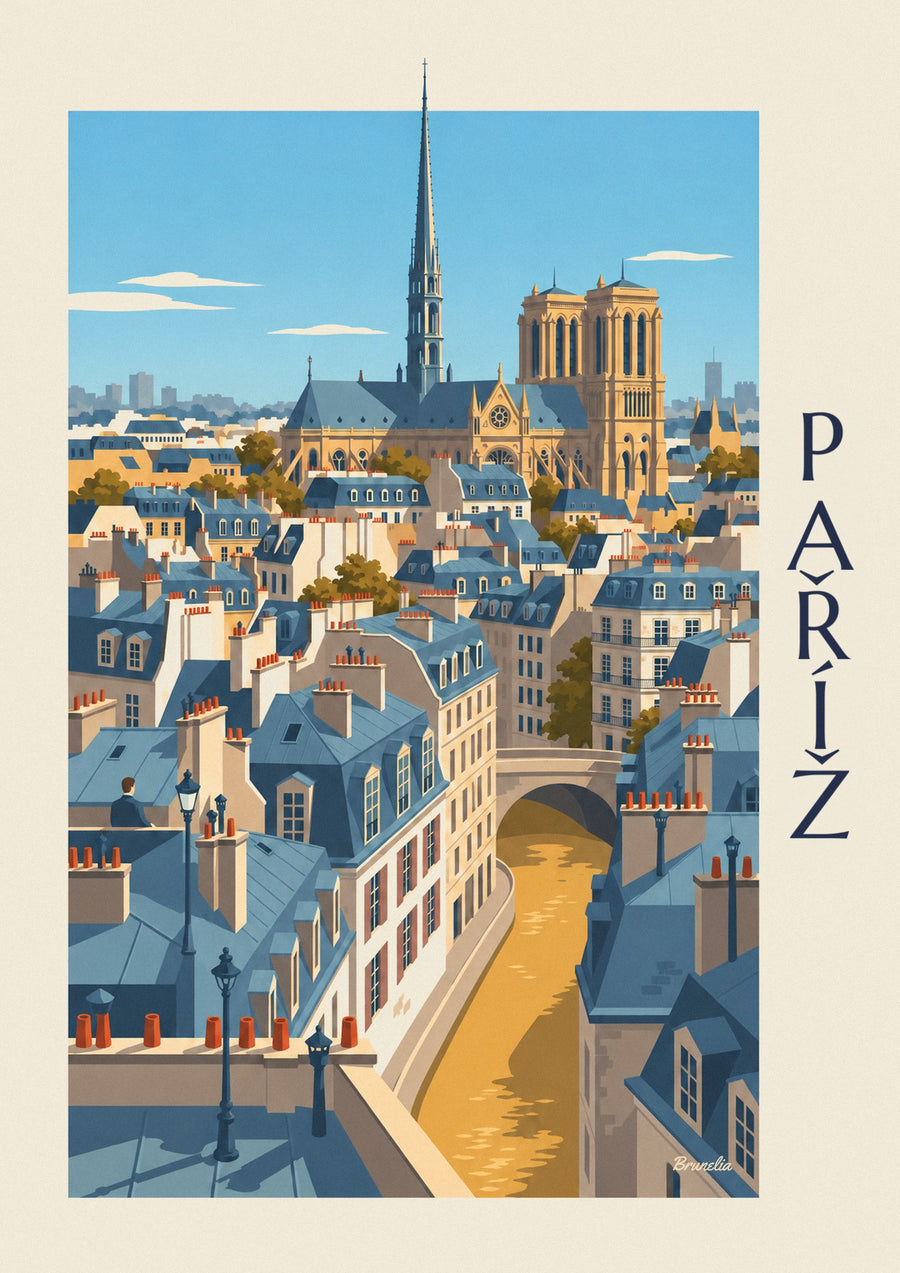 Plakát pařížské střechy a katedrála Notre-Dame