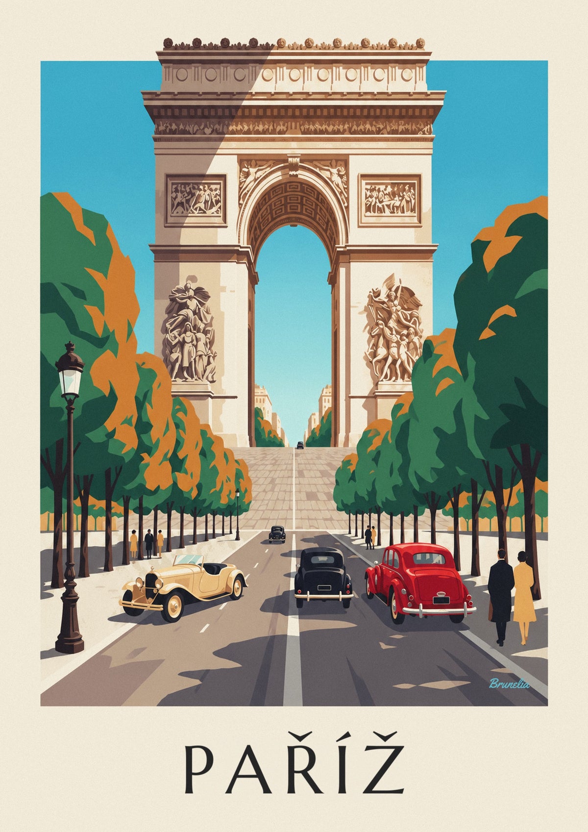 Plakát Paříž, Vítězný oblouk a historické automobily na Champs-Élysées