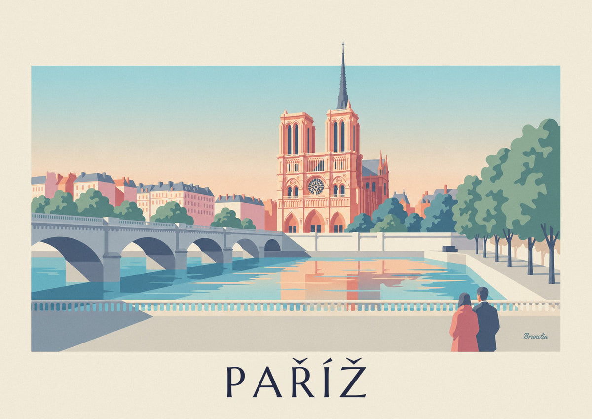 Plakát Notre-Dame v Paříži z nábřeží Seiny