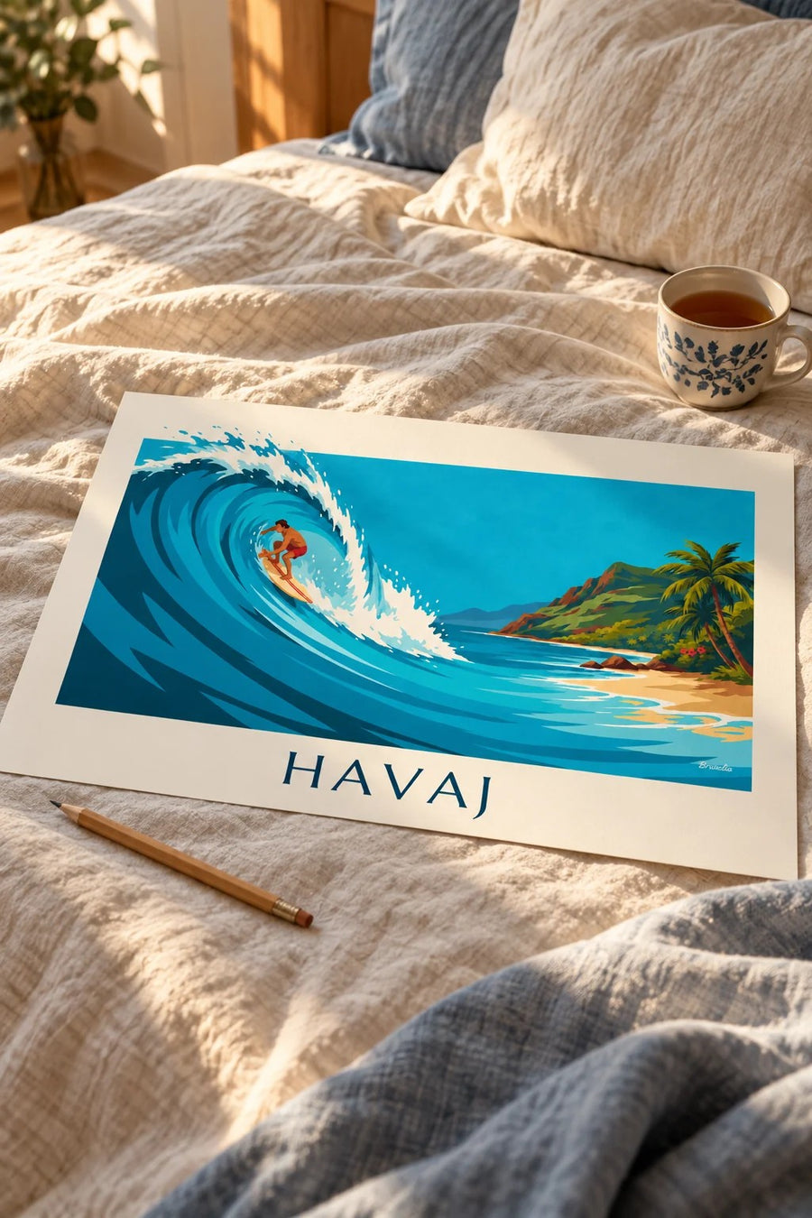 Plakát Havaj se surfařem a tyrkysovou tropickou vlnou: položený na stole