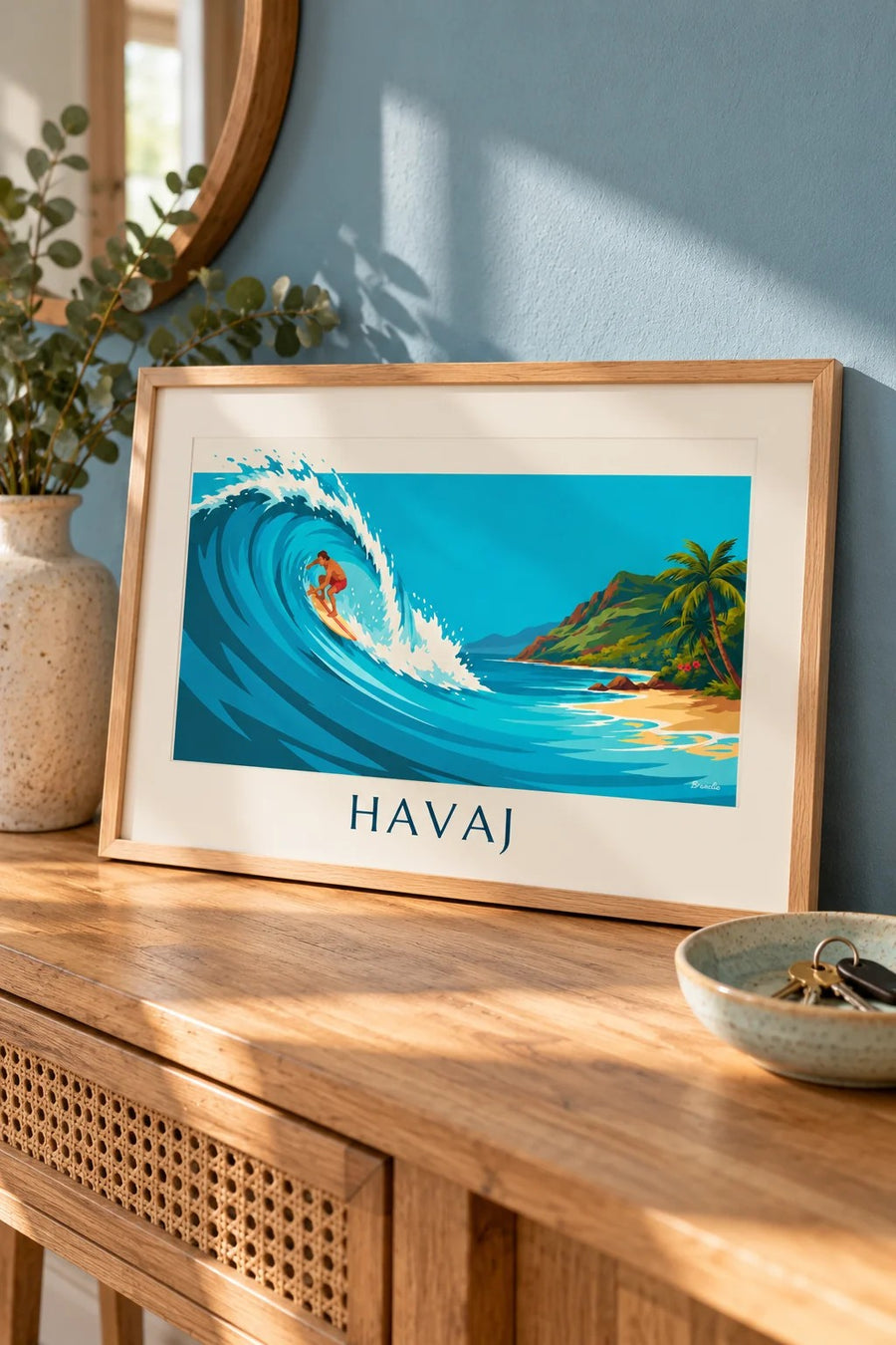 Plakát Havaj se surfařem a tyrkysovou tropickou vlnou: malý formát A4 v rámu