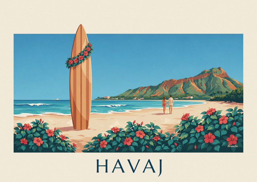 Plakát surfové prkno a ibišek před Diamond Head, Havaj