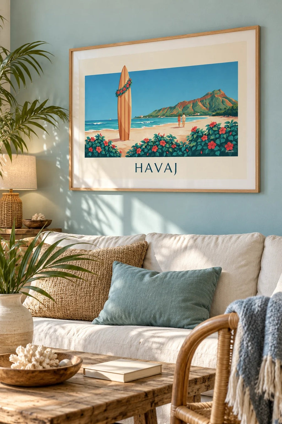 Plakát surfové prkno a ibišek před Diamond Head, Havaj: zarámovaný na zdi