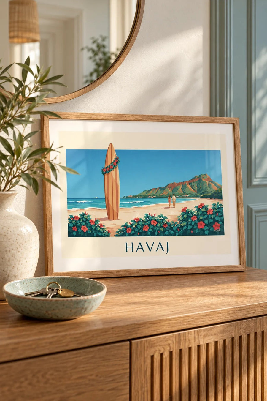 Plakát surfové prkno a ibišek před Diamond Head, Havaj: malý formát A4 v rámu