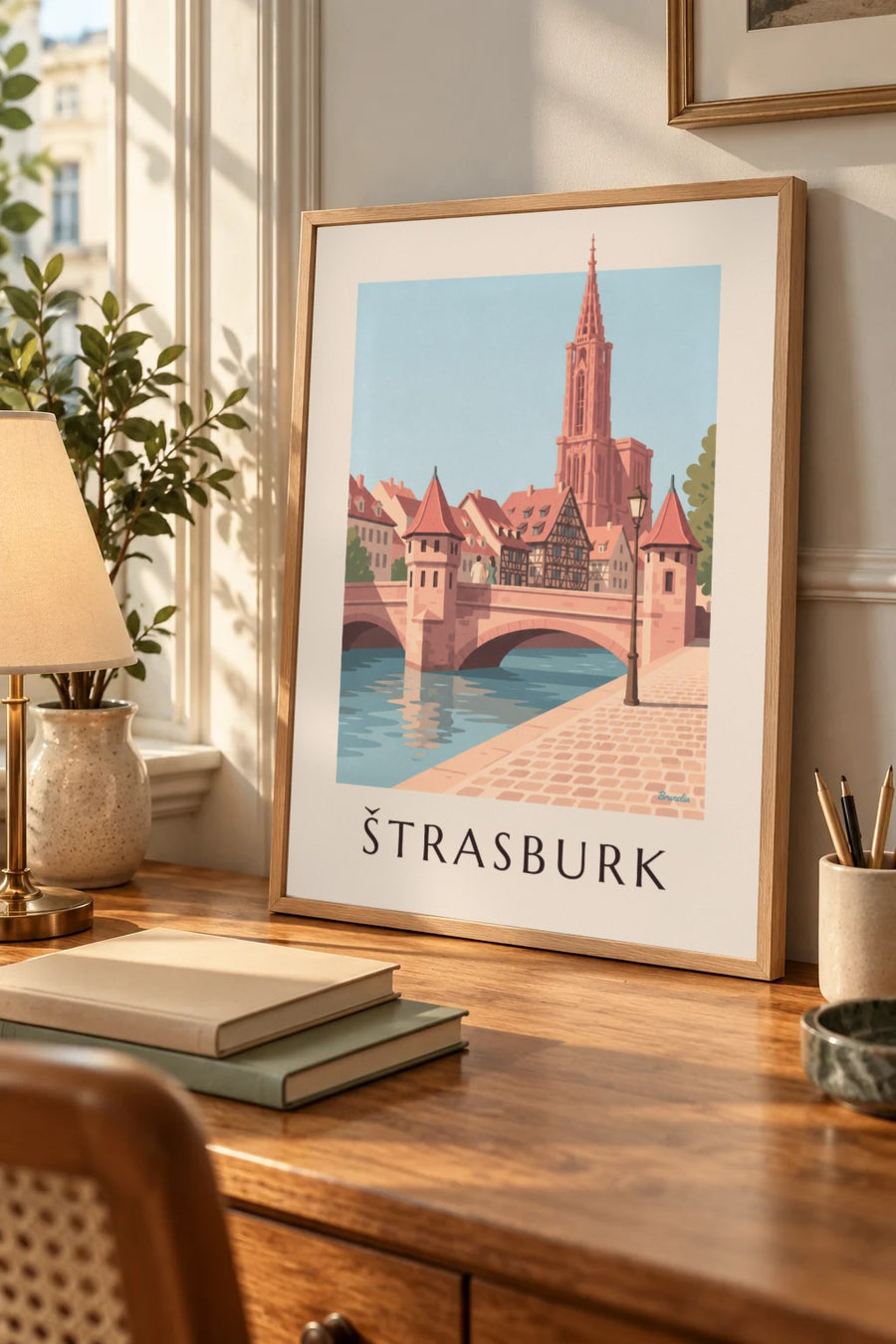 Plakát štrasburská katedrála a středověký most: malý formát A4 v rámu