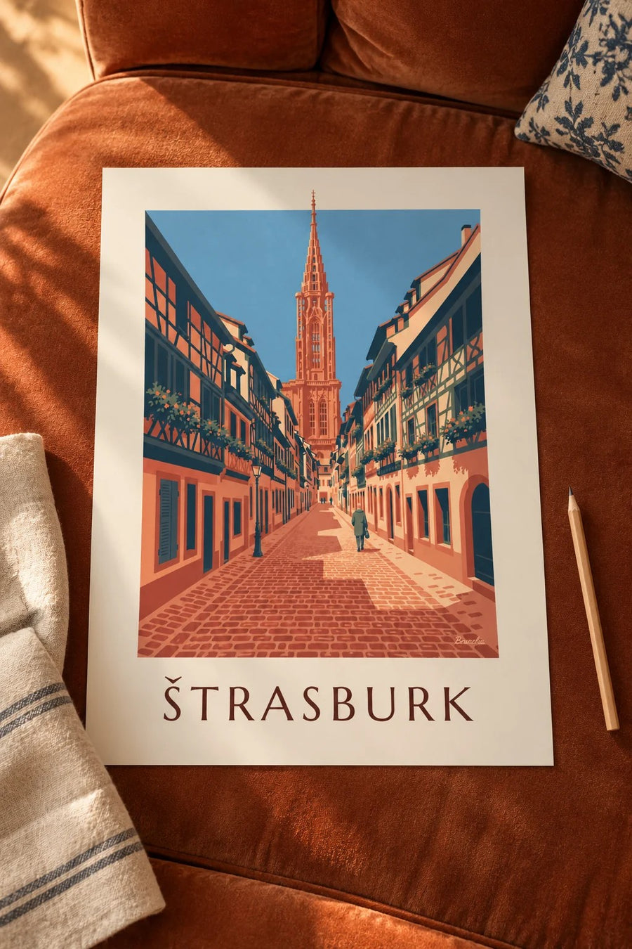 Plakát dlážděná ulička a katedrála ve starém Štrasburku: postavený na stole