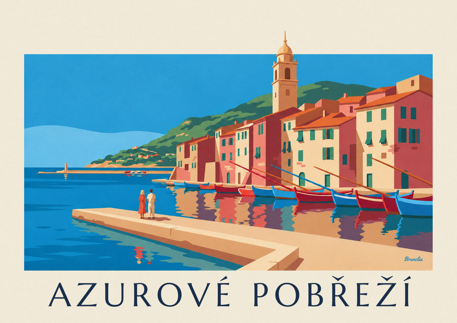 Plakát barevná průčelí a lodě v přístavu na Azurovém pobřeží
