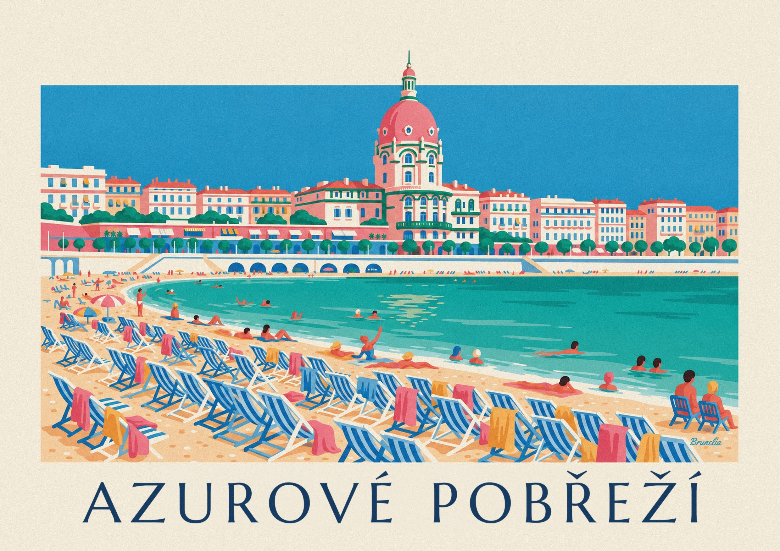 Plakát koupající se a lehátka pod Promenade des Anglais v Nice: detailní záběr