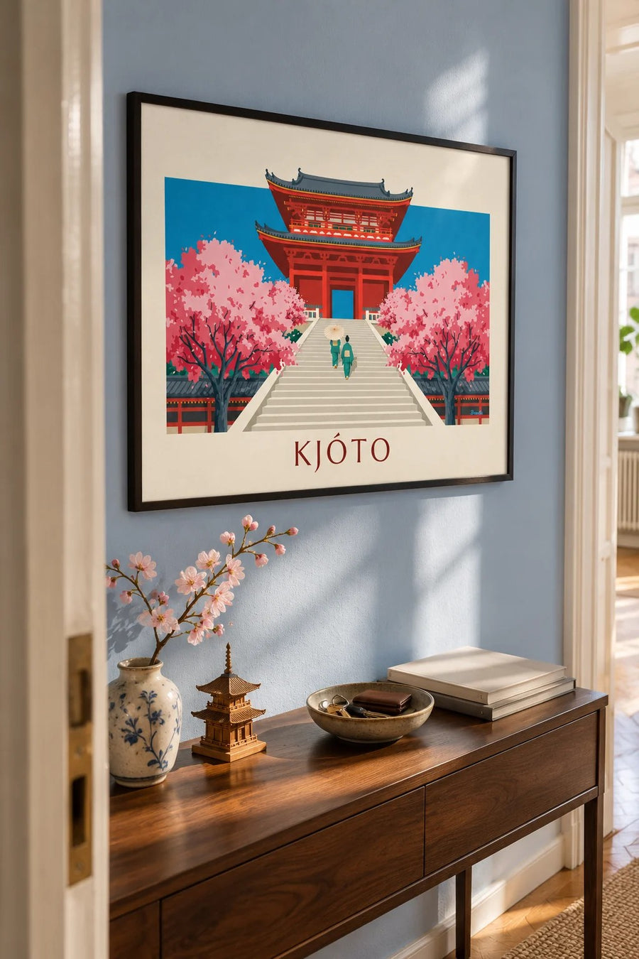 Plakát rumělková brána Kiyomizu-dera a třešně v Kjótu: zarámovaný na zdi