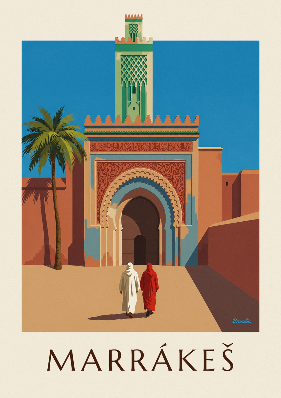 Plakát brána Bab Agnaou a minaret v Marrákeši