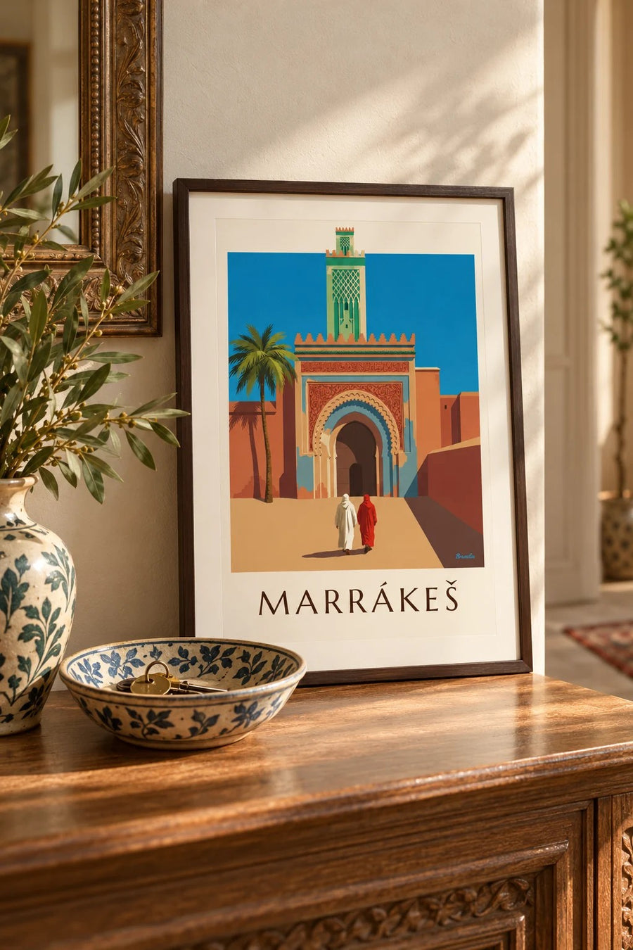 Plakát brána Bab Agnaou a minaret v Marrákeši: malý formát A4 v rámu