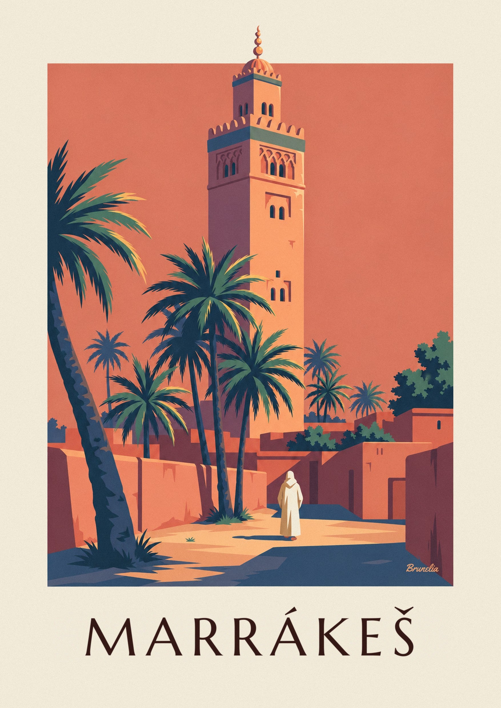 Plakát minaret Kutubíja osvětlený za soumraku v Marrákeši: detailní záběr