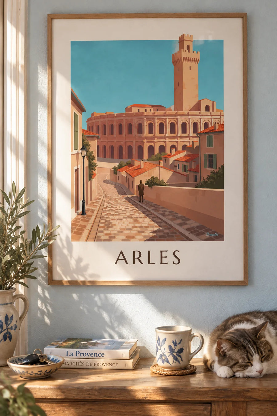 Affiche arènes romaines d'Arles et vieille ville en Provence : encadrée au mur