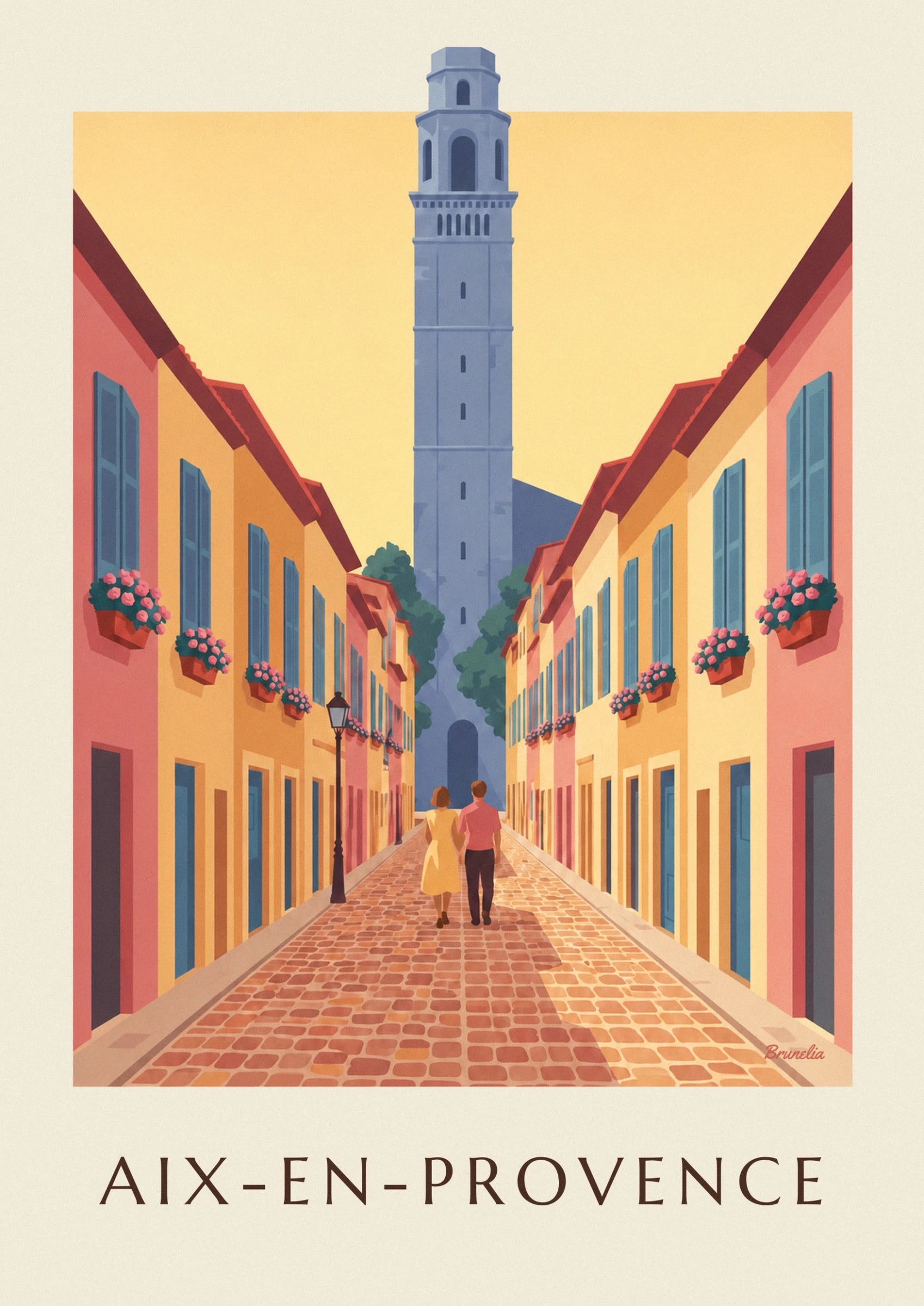 The tall blue-toned tower between the red roofs, against a bright yellow sky