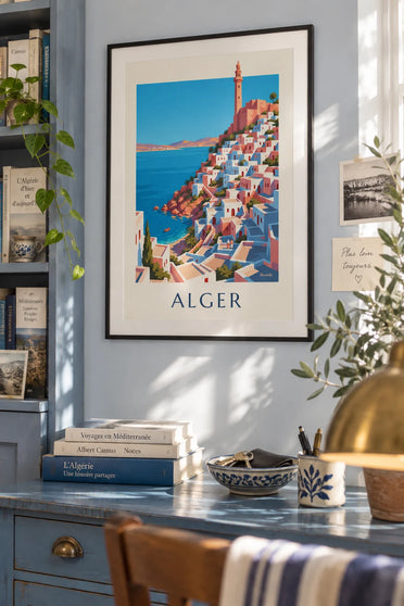 Affiche Casbah blanche d'Alger descendant vers la Méditerranée : encadrée au mur