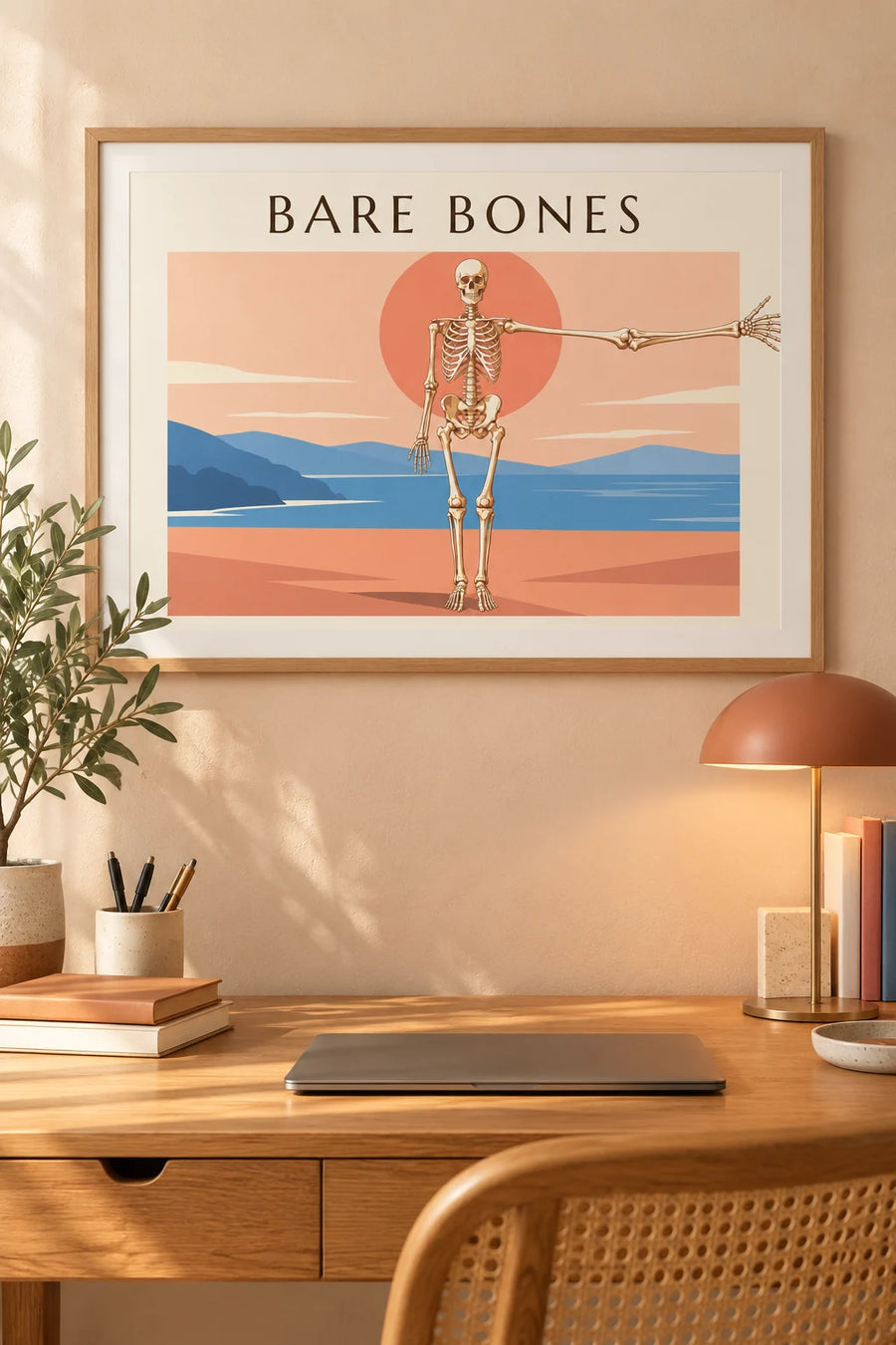 Plakát anatomická tabule lidské kostry zepředu: zarámovaný na zdi